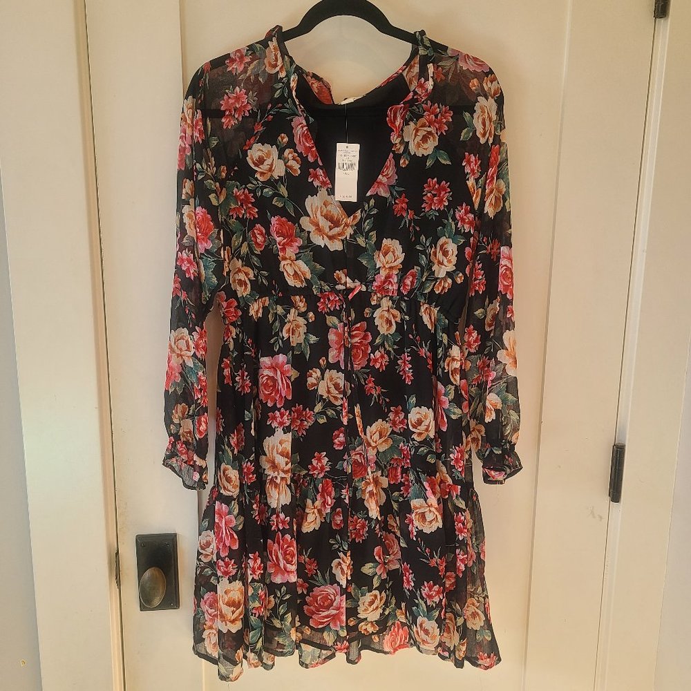 Black floral long sleeve mini dress - Size L